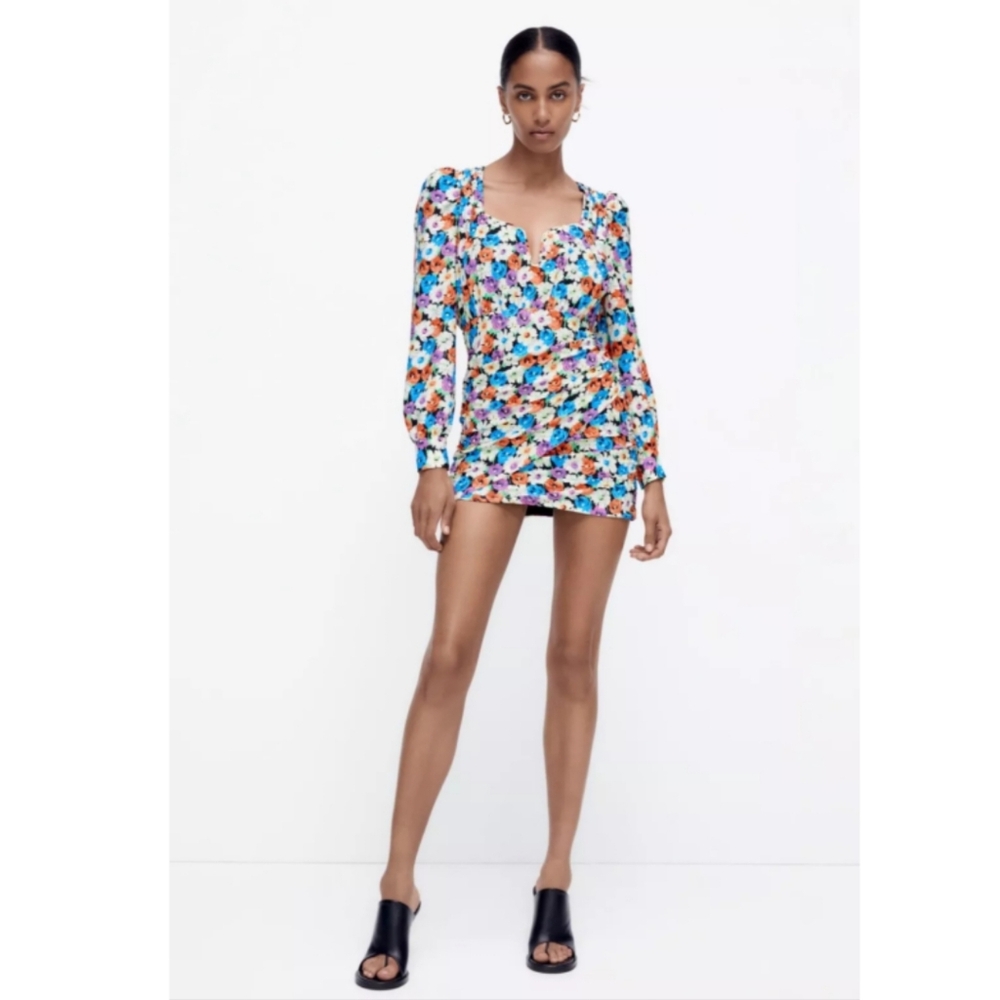 Zara Floral Long Sleeve Ruched Mini Dress